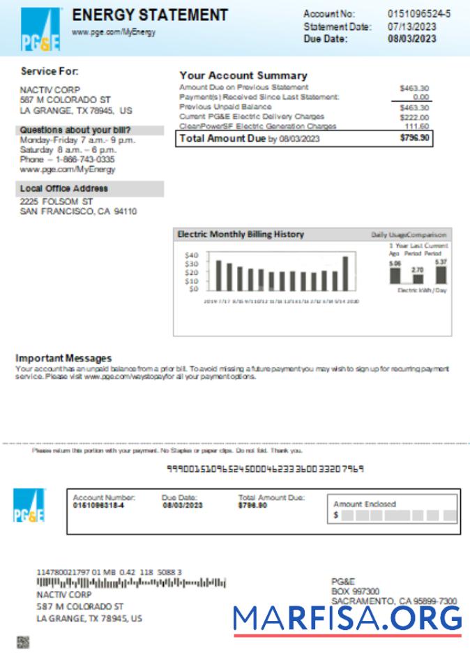 Realistic California PG&E electricity utility business bill, SCR template